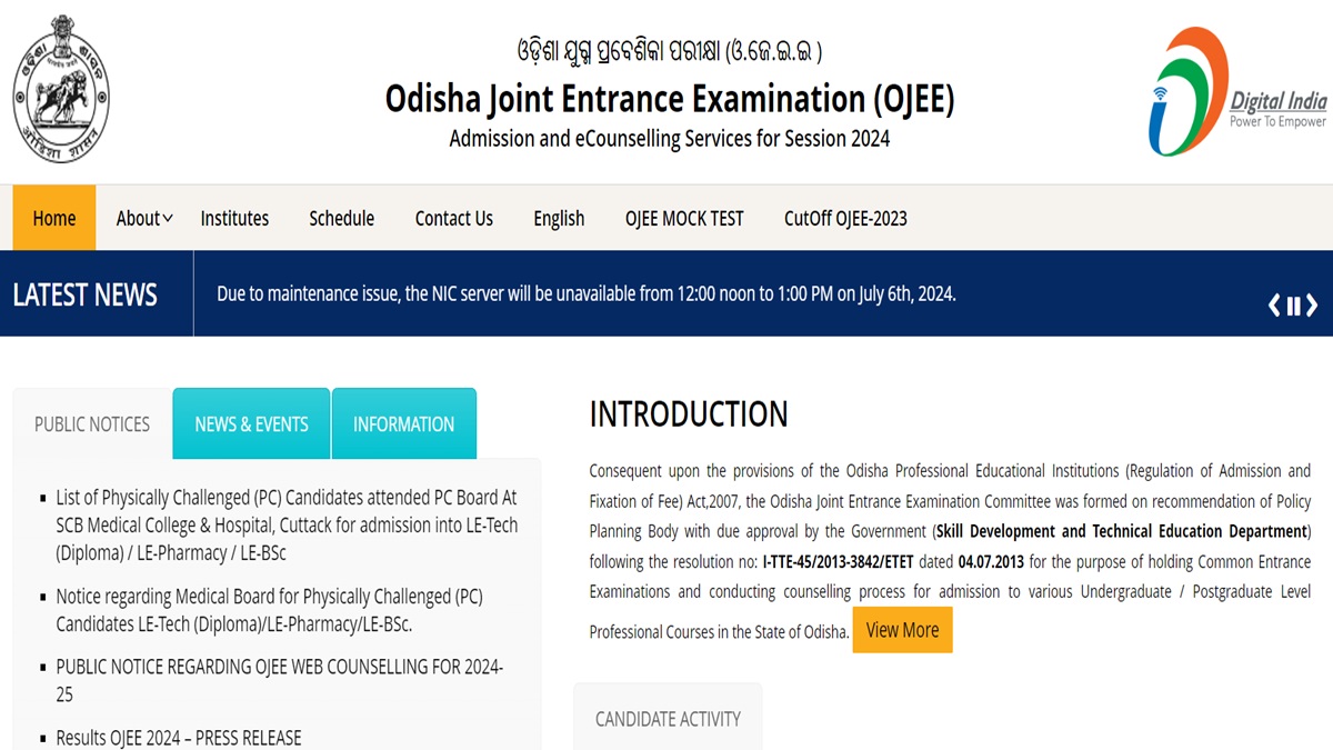 OJEE Counselling 2024 Round 1 allotment result at 5 PM